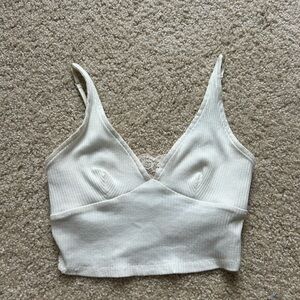 Garage Cream Ribbed Lace Crop Top
